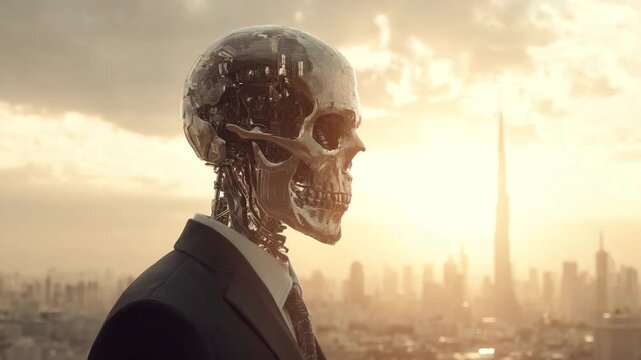 Futuristic humanoid robot overlooking modern skyline


