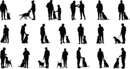 Silhouette people with dogs, walking training pet, human animal bond, dog owner activity, pet care lifestyle, canine companionship, outdoor exercise