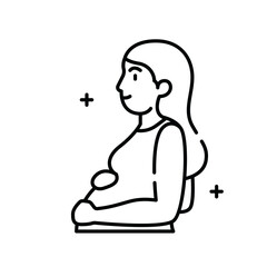 Simple Outline Drawing of a Pregnant Woman Facing Right with Hands on Belly and Long Hair and a Plain Tank Top Isolated on White Background