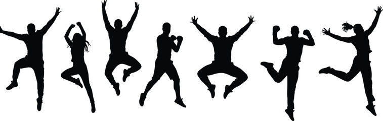 Happy energetic people jumping silhouettes, celebrating success, freedom, fitness, dance, teamwork, motivation, positive lifestyle, youth energy, fun group joy, excitement