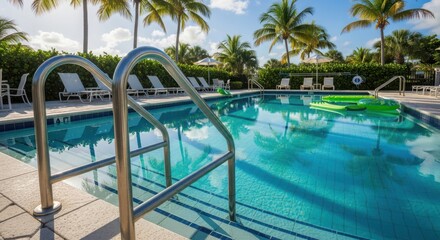 A tropical swimming pool with lounge chairs and palm trees, inviting relaxation and vacation enjoyment