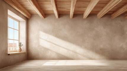 Empty room with exposed wooden beams and a large window.