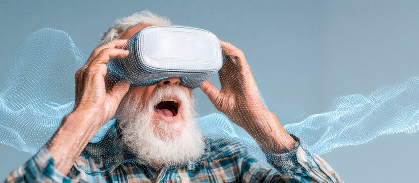 Amazed elderly man senior male white beard plaid shirt vr headset virtual reality polygon wave dotted halftone glowing ribbon immersive technology. Elderly man explores virtual world with joyful