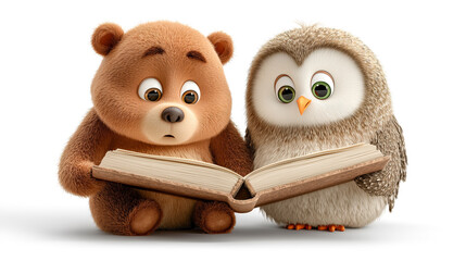 Cute cartoon bear and owl reading giant book together fluffy fur wide eyes cozy friendship warm light playful learning scene white background tender mood