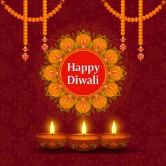 Festive happy diwali greeting card featuring traditional oil lamps and marigold garlands against a rich red background