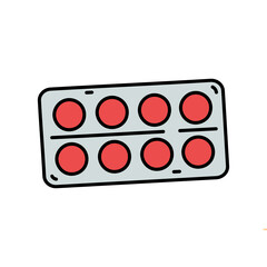 Eight Red Round Medicine Pills In A Gray Blister Pack On A White Background Healthcare Concept