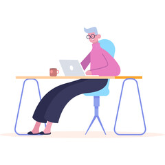 Elderly Person Working on Laptop at Desk with Coffee Mug and Blue Chair on White Background in a Brightly Lit Room