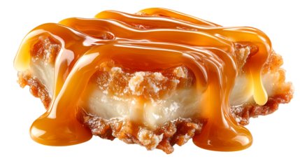 Caramel glaze dripping over crunchy apple chip with creamy filling, sweet sticky texture and golden shine, indulgent dessert detail on white background, rich and tempting mood