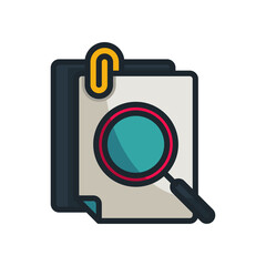 Document analysis with magnifying glass and paperclip on transparent background pixel art style