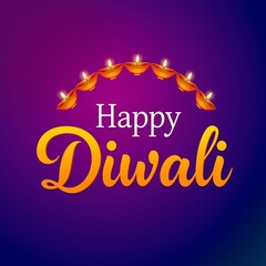 Illuminated traditional clay diyas arranged in an arc above elegant golden text wishing happy diwali on a vibrant gradient background