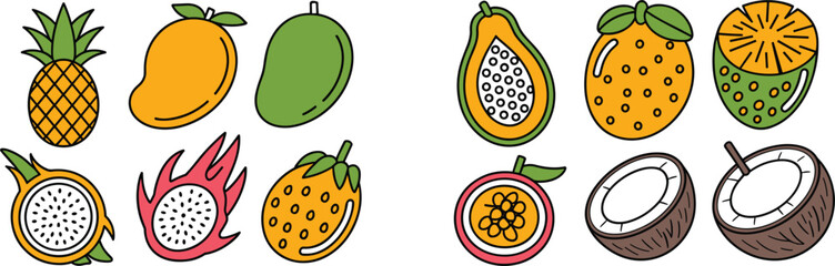 Vibrant Tropical Fruits Assortment with Outline and Color Variations Keywords: pineapple, mango