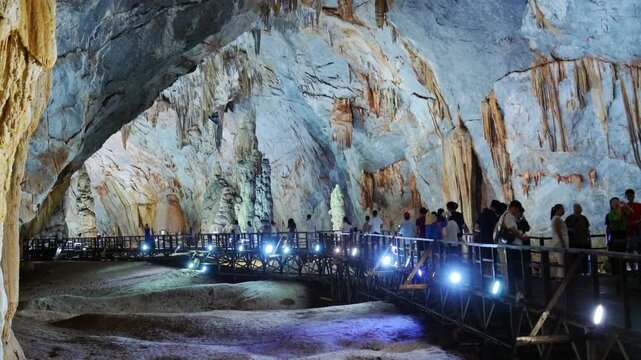 Scenery inside Beautiful Paradise Cave with stalactites and stalagmites in Phong Nha national park, Quang Binh, Vietnam