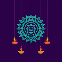 Traditional indian diwali festival decoration featuring a glowing teal mandala and four lit oil lamps hanging against a deep purple background