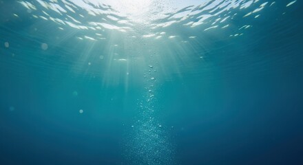 Underwater Sunlight Ocean Depths Marine Scene Vibrant Aquatic Environment Light Rays Beneath Surface Bubbles Rising Tranquil Ocean Beauty