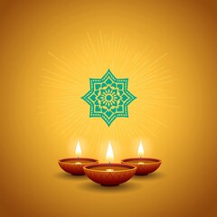 Traditional indian festival of lights with illuminated diyas and intricate mandala pattern on a warm golden background