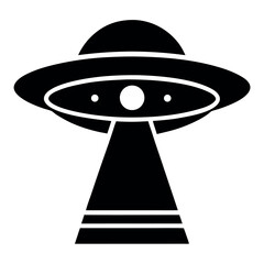 Black and White UFO Icon with Beam, Flying Saucer Illustration Design