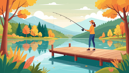 Naklejka premium Woman fishing on wooden dock with mountain landscape