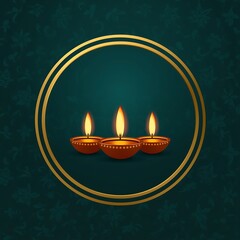 Three illuminated traditional indian clay oil lamps called diyas glowing brightly within a golden circular frame against a dark teal background