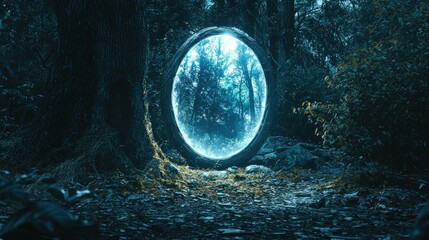 Luminous Oval Portal in a Mysterious Dark Enchanted Forest Path Leading to Another Ethereal Realm
