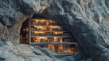 Dramatic multi-level modern architectural library integrated into a natural rock cave, illuminated with warm lights, showcasing unique cave dwelling design.