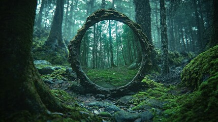 Enchanted Forest Mirror: A Mystical Oval Reflection of a Lush Woodland Scene Amidst Moss-Covered Trees and Earth