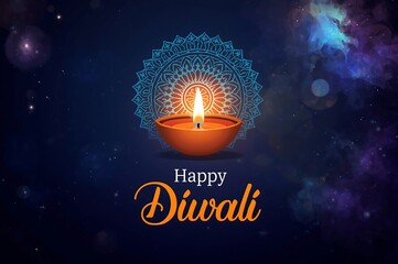 Illuminated diya lamp with intricate mandala design and happy diwali text against a starry night sky