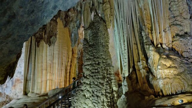 Scenery inside Beautiful Paradise Cave with stalactites and stalagmites in Phong Nha national park, Quang Binh, Vietnam