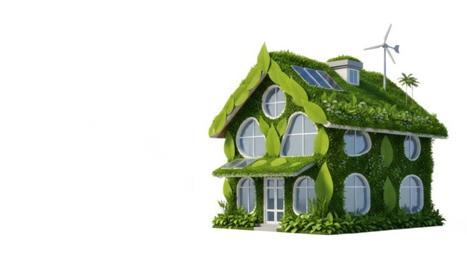 Eco Friendly Dream Home with Living Roof Solar Panels and Wind Turbine for Zero Carbon Sustainable Living in Harmony with Nature ,png