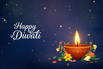 Beautifully illuminated diya with floral decorations and sparkling lights creating a festive atmosphere for happy diwali celebrations