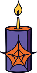a vector illustration of a burning candle, Spooky Glowing Candle Vector – Halloween Flat Illustration with Cobwebs