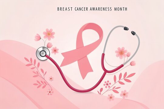 Breast cancer awareness month with pink ribbon and stethoscope - Powered by Adobe