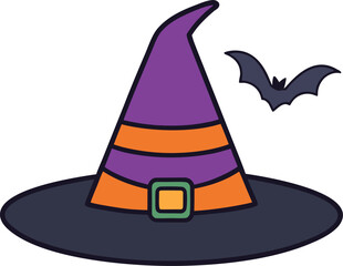 Halloween party hat vector art, Halloween Witch Hat Vector – Flat Design with Ribbon and Bat Decoration in Modern Style, pooky Witch Hat Vector