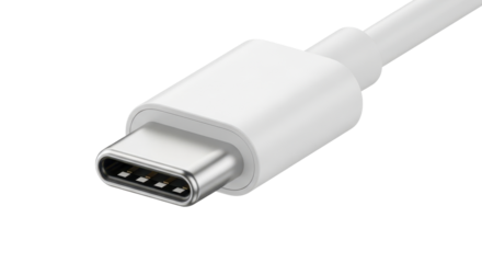 White USB type C cable connector closeup for charging and data transfer. Isolated on transparent background, png