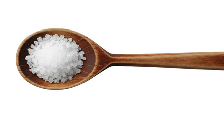 Wooden spoon with coarse sea salt or sugar crystals, top down view. Isolated on transparent background, png