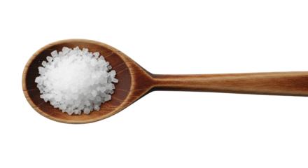 Wooden spoon with coarse sea salt or sugar crystals, top down view. Isolated on transparent background, png