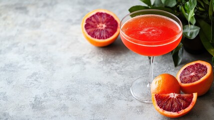 Refreshing blood orange cocktail with fresh sliced oranges and green leaves on a textured surface