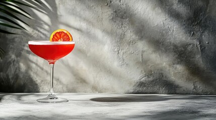 Refreshing red cocktail garnished with orange slice and palm leaf shadow on textured wall