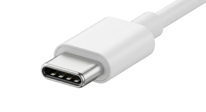 White USB type C cable connector closeup for charging and data transfer. Isolated on transparent background, png