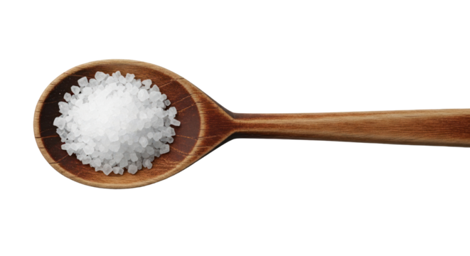 Wooden spoon with coarse sea salt or sugar crystals, top down view. Isolated on transparent background, png