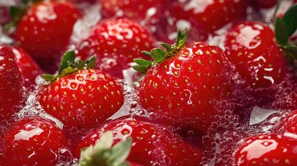 Close up of vibrant red ripe strawberries with green leaves in a detailed macro shot