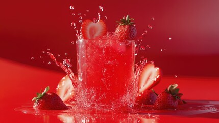 Fresh strawberries splashing into a tall glass of red liquid on a red background