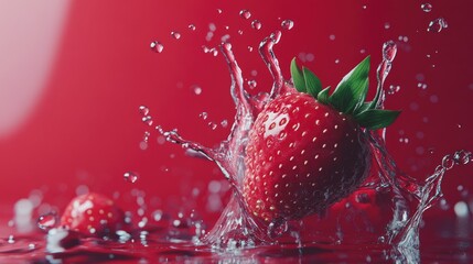 Fresh ripe strawberry splashing into water with red background and droplets