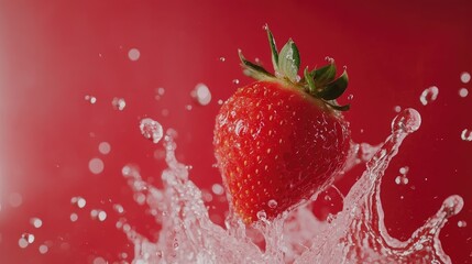 Fresh ripe strawberry splashing into water with red background and water droplets
