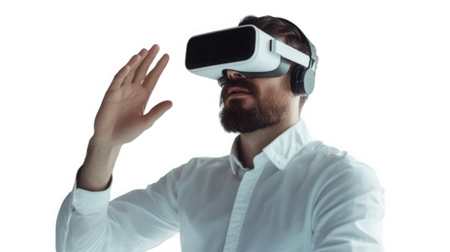 A man with beard using virtual reality headset and raising his hand on transparent background
