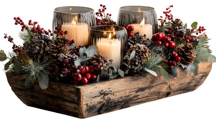 Festive dining room table with rustic wooden centerpiece, decorated with pinecones, red berries, candles, and modern Christmas decorations, isolated on white background