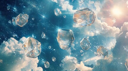 Celestial Gems: Sparkling Crystals and Diamonds Floating in a Dreamlike Cosmic Cloudscape