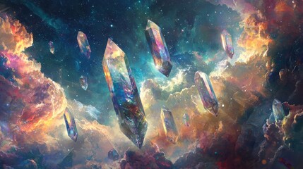 Majestic iridescent crystals float through a vibrant cosmic nebula, illuminated by starlight and ethereal glows in a dreamlike digital art fantasy.