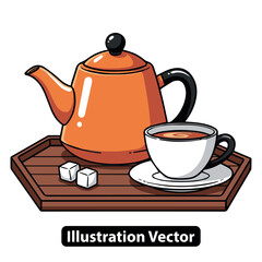 Cozy Tea Time Orange Teapot with Sugar Cubes and Cup on Wooden Tray Illustration