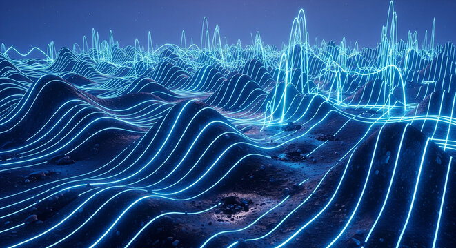 Abstract digital landscape with glowing blue lines, representing data visualization and technological concepts.