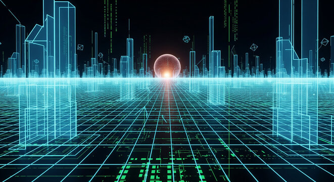 Futuristic digital city skyline with glowing grid and falling binary code.